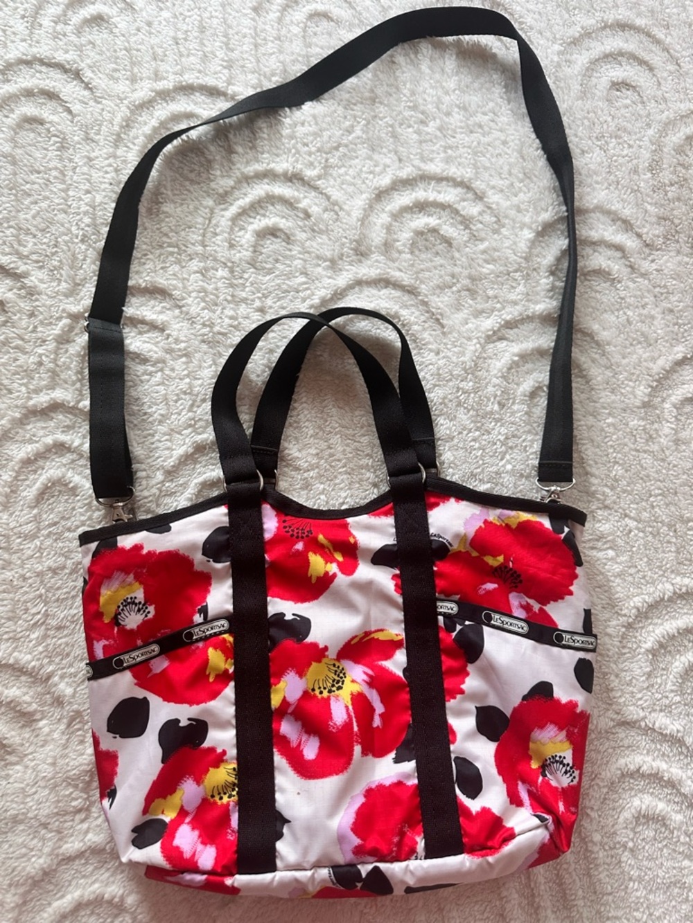 Lesportsac Red Floral Tote with Black Straps